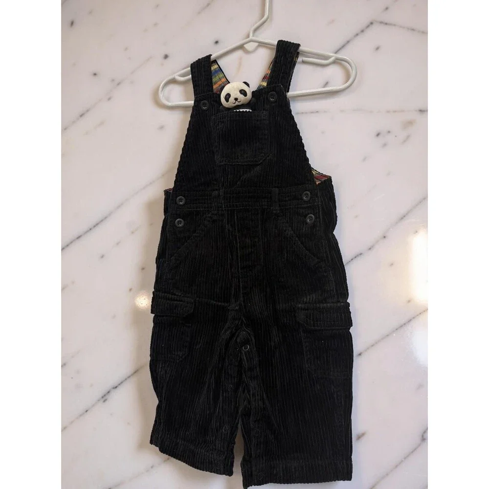 Gymboree NWT Little Panda Black Corduroy Overalls With  Panda Puppet 6- 12 mos